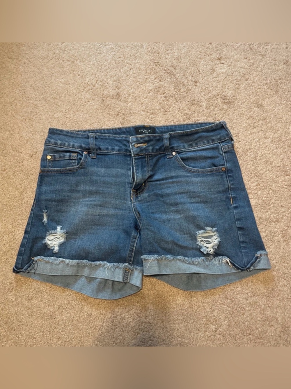 Celebrity Pink Distressed Dark Blue Roll-Cuff Denim Shorts